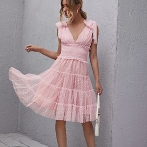 SHEIN Shoulder Knot Plunging Neck Mesh Dress